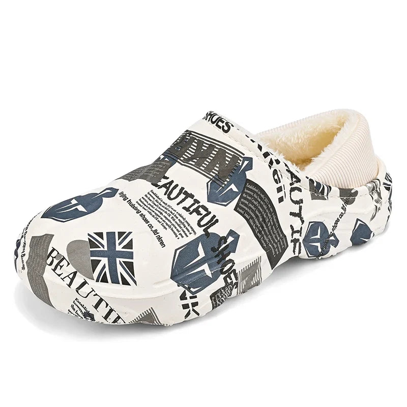 Men’s Fleece-Lined Clog Slippers – Printed Closed-Toe Winter Shoes with Supportive Sole