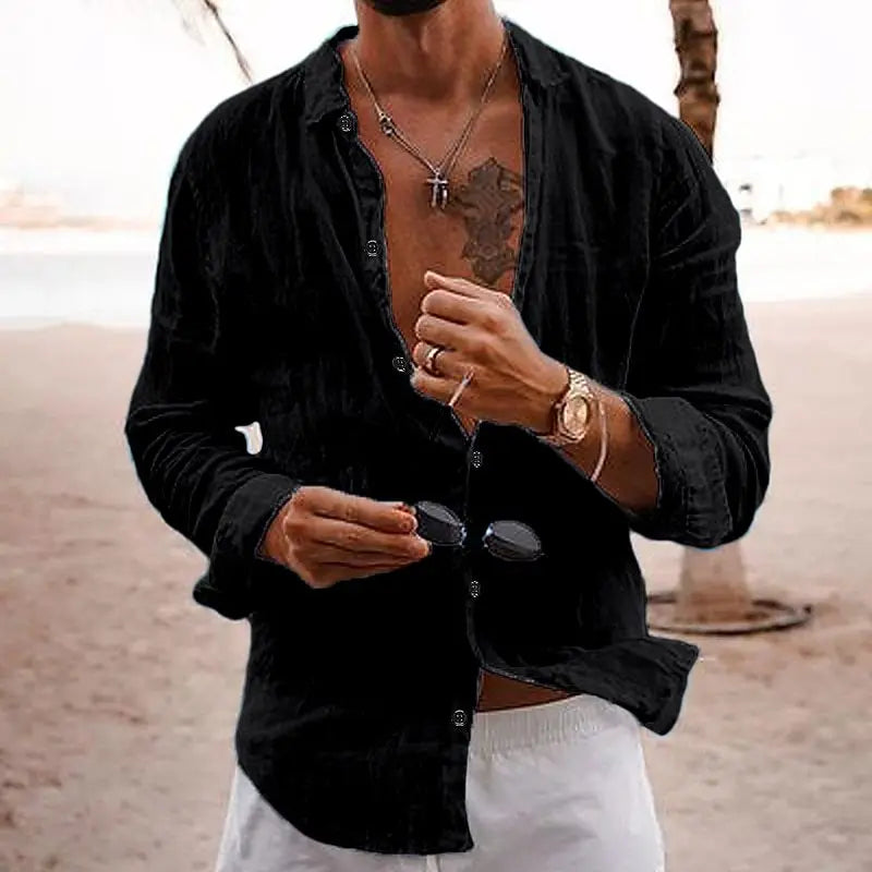 Men’s Long Sleeve Linen Summer Casual Beach Shirt