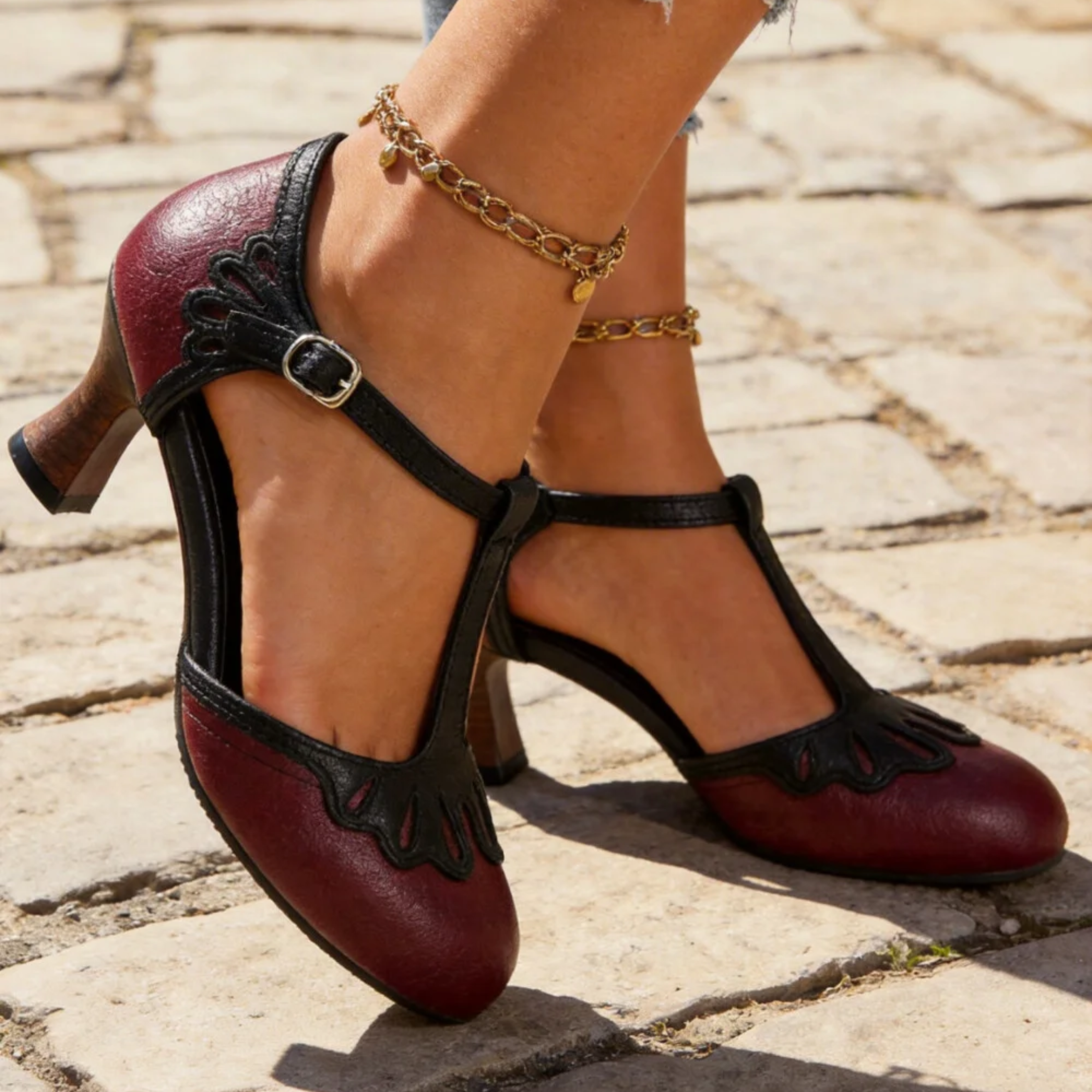 Women’s Vintage T-Bar Pumps – Mid Block Heel Shoes for Smart Casual Wear
