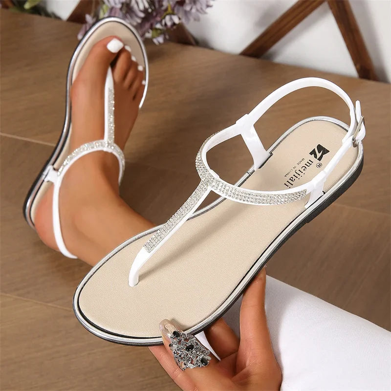 Women’s Rhinestone T-Bar Sandals – Sparkling Flat Toe-Post Style for Spring and Summer