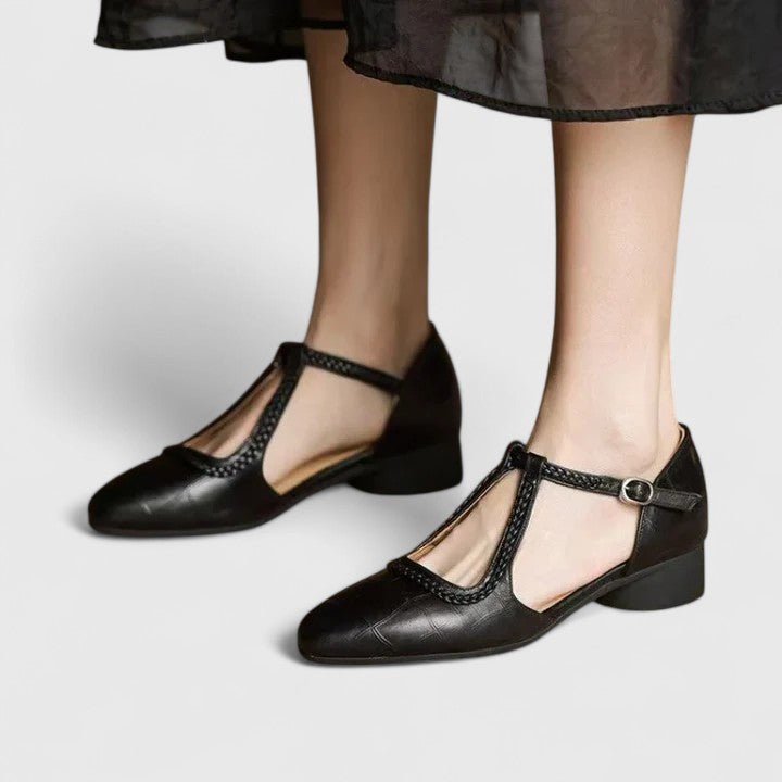 Zapatos de tacón bajo con tira trenzada y barra en T de estilo vintage para mujer, ideales para un look elegante e informal