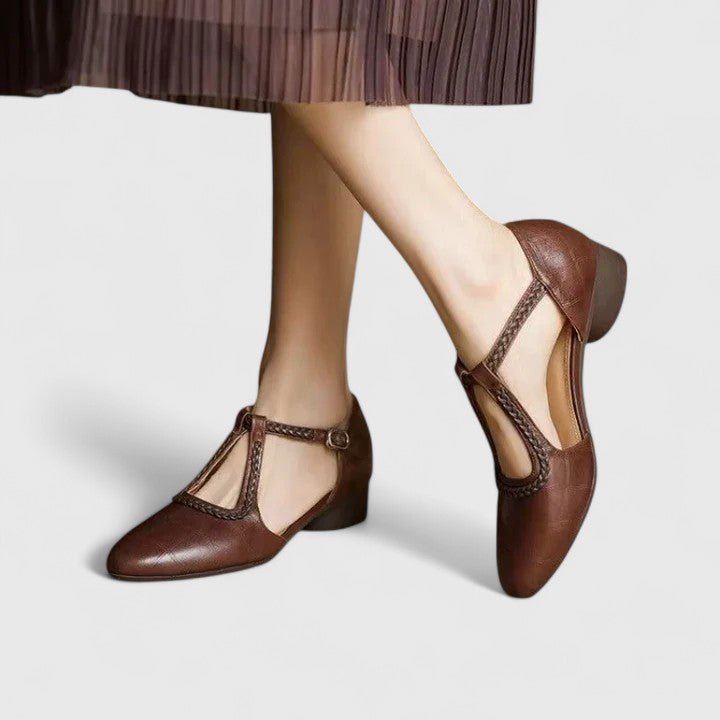 Zapatos de tacón bajo con tira trenzada y barra en T de estilo vintage para mujer, ideales para un look elegante e informal