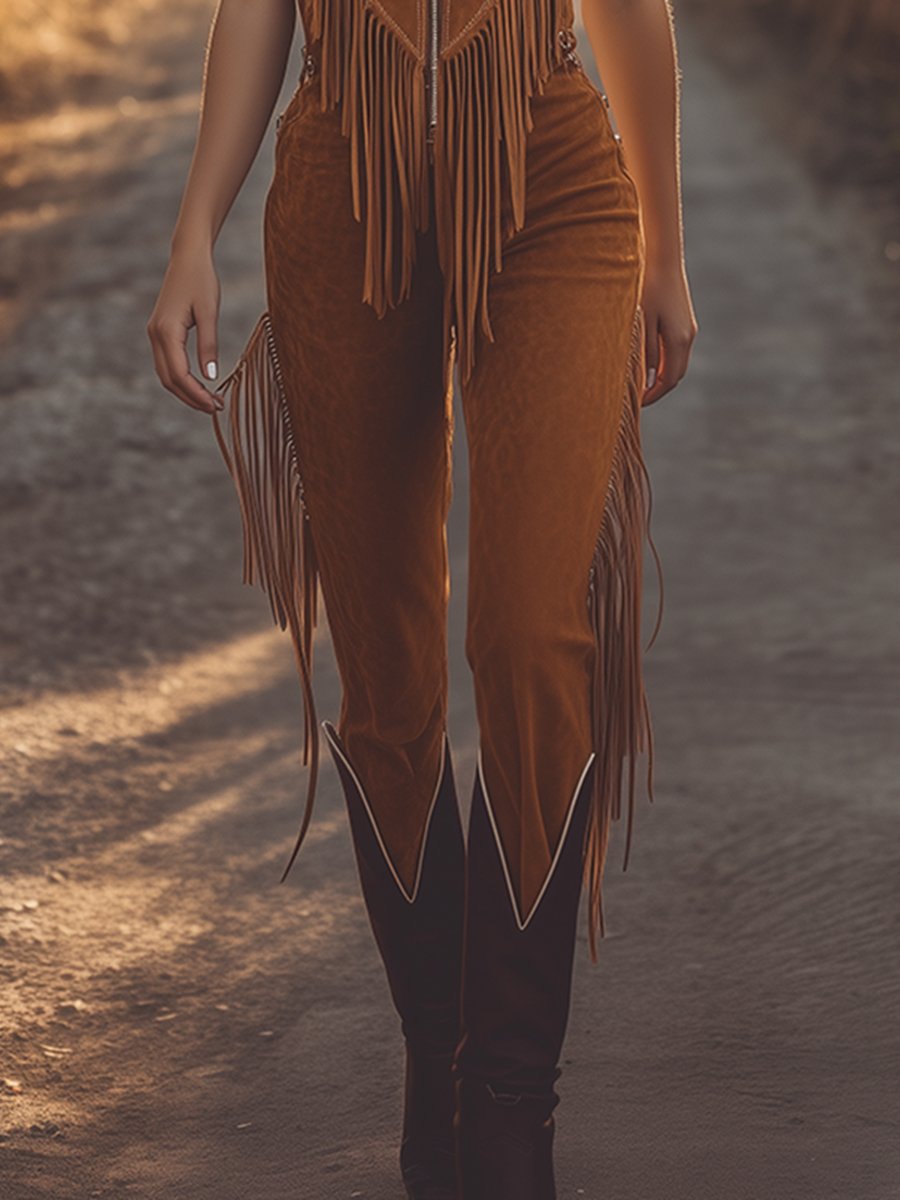 Women’s Western Fringe Jumpsuit – Sleeveless Zip-Front Festival One-Piece with Statement Detailing