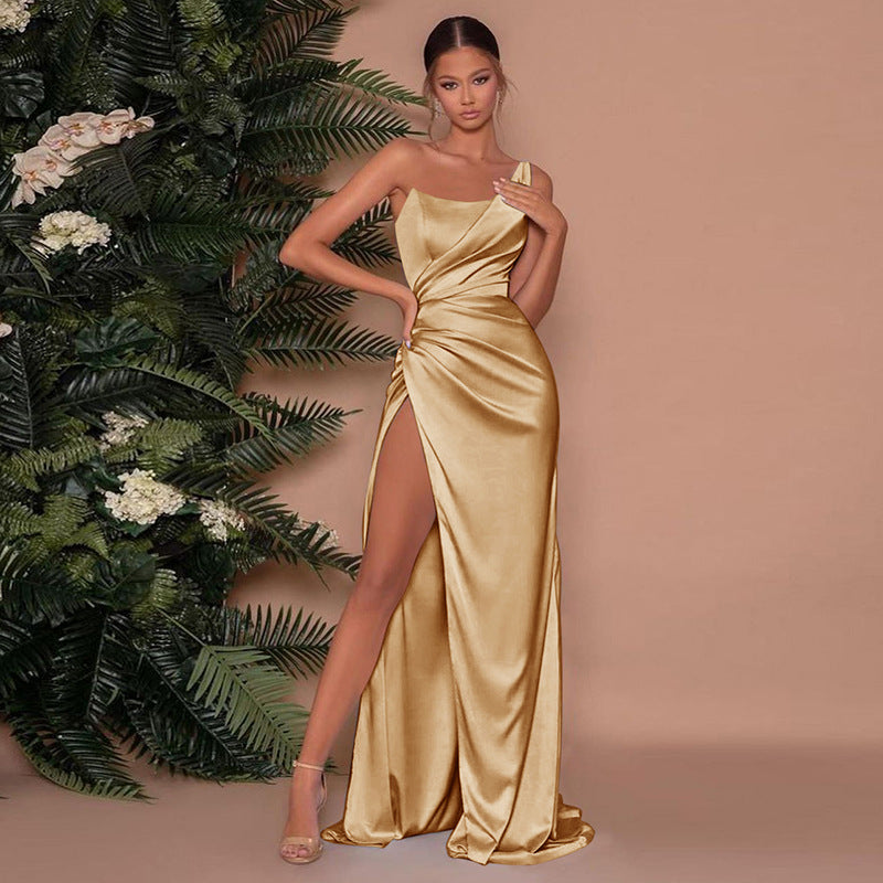 Vestido de noite de cetim franzido para mulher – Vestido maxi assimétrico para eventos formais