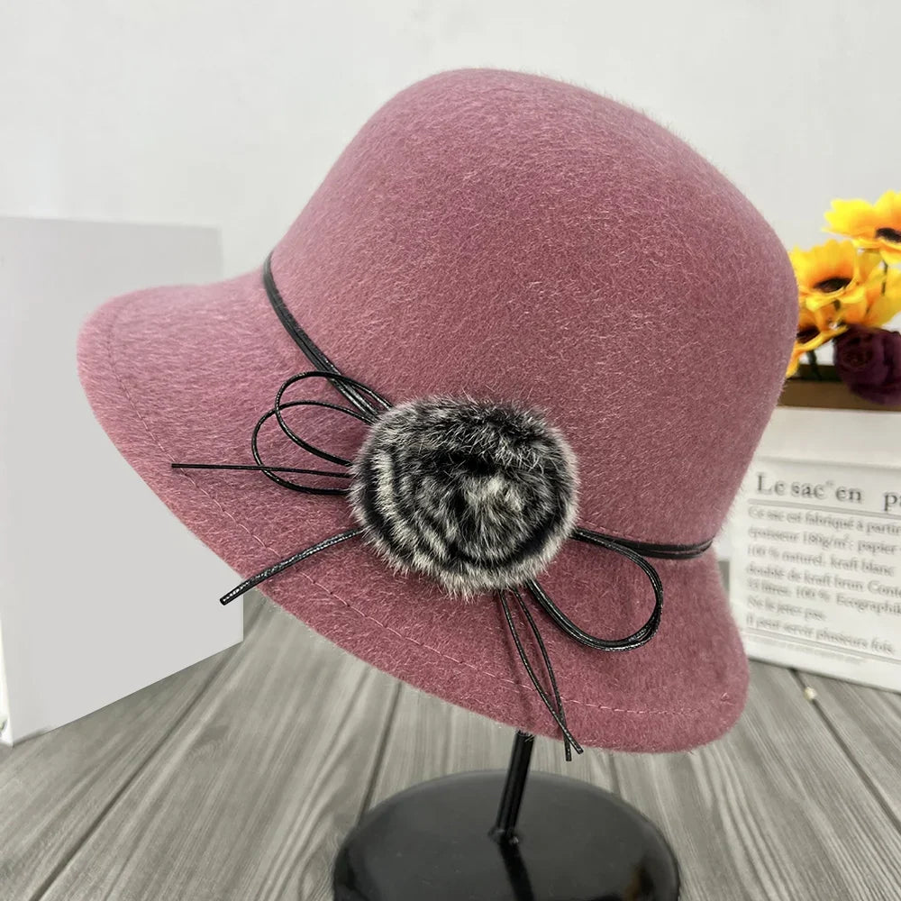 Női gyapjúkeverék cloche téli kalap - vintage dóm karimás sapka virágos masnival rögzítve