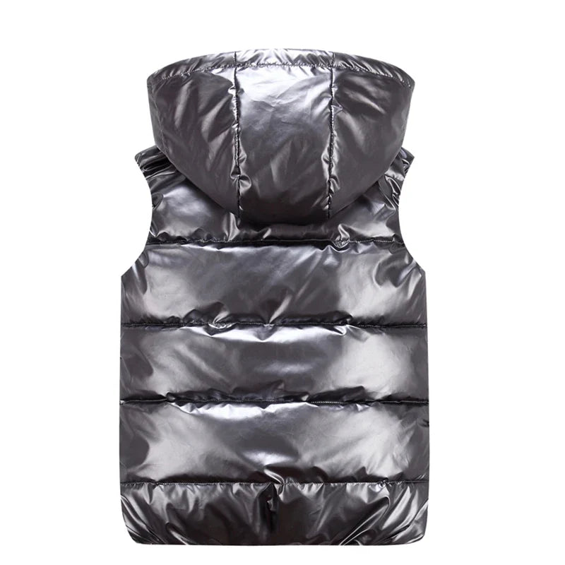 Men’s Glossy Cotton Puffer Gilet – Hooded Sleeveless Winter Layer with Zip Pockets