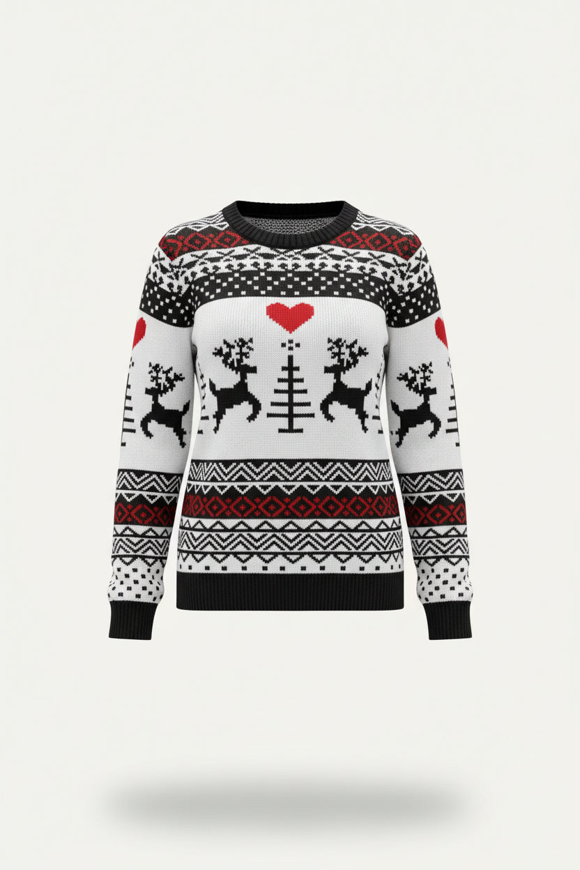 Women’s Holiday Pattern Sweater – Playful Crew Neck Knit for Christmas Events