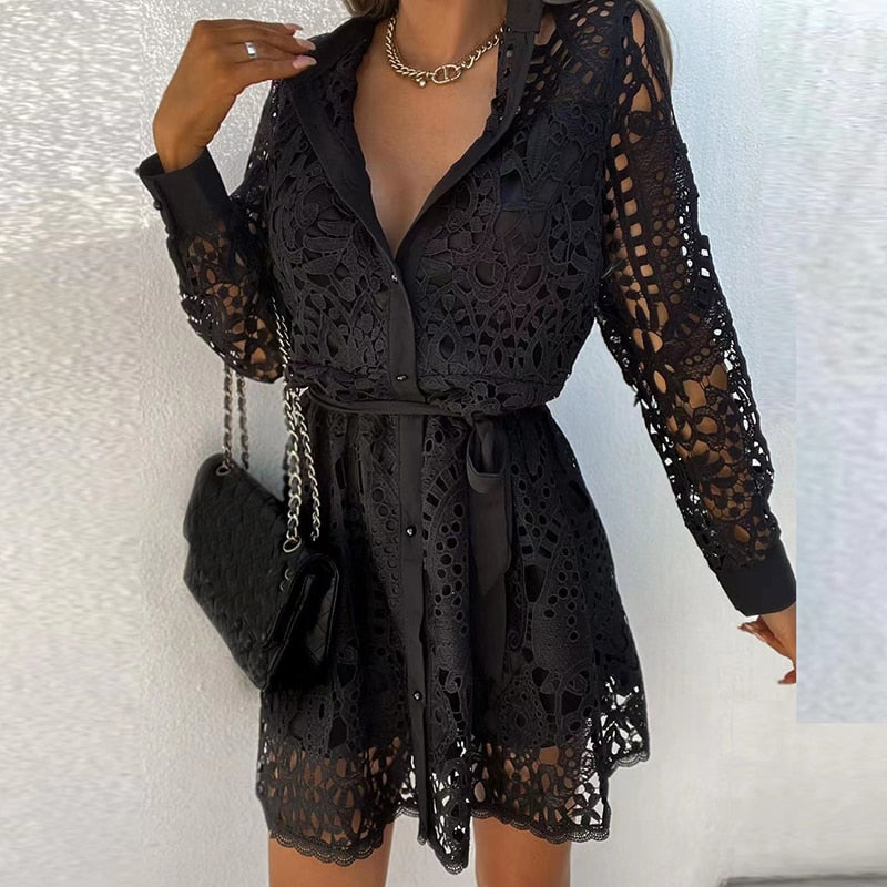 Women’s Lace Shirt Dress Long Sleeve Waist Tie Mini