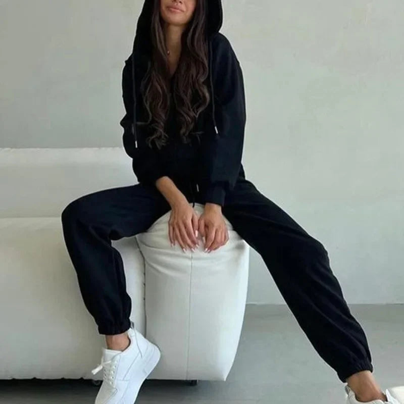 Trening de damă lejer, cu hanorac cu fermoar și glugă - bluză sport moale și pantaloni jogger pentru confort casual de zi cu zi și ținute de casă pentru toamnă și iarnă