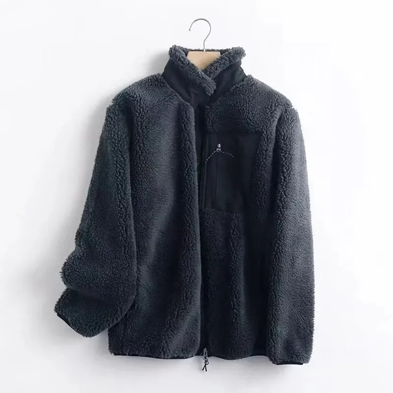 Unisex sherpa-fleecejakke – afslappet lag med lynlås og praktisk brystlomme