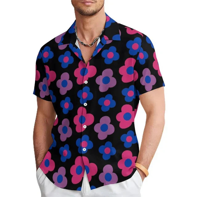 Men’s Floral Print Shirt Bold Orange Short Sleeve Summer Top