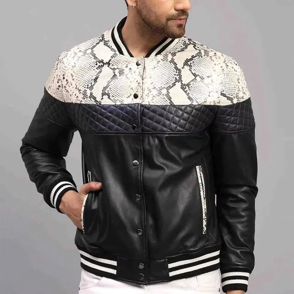 Men’s Slim Fit Stand Collar Leather Bomber Jacket Breathable Winter Outerwear Stylish Customisable Front