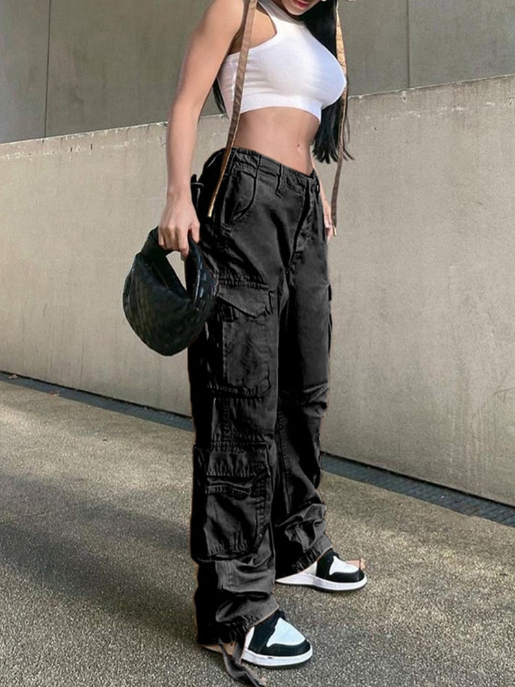 Women’s Wide Leg Cargo Trousers – Relaxed Loose Fit Utility Pants for Casual Everyday Streetwear