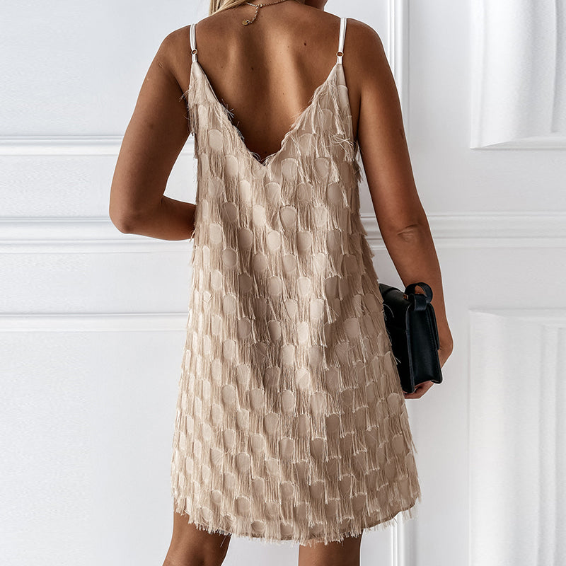 Vestido Mini de Flecos para Mujer con Textura, Escote en V y Sin Mangas