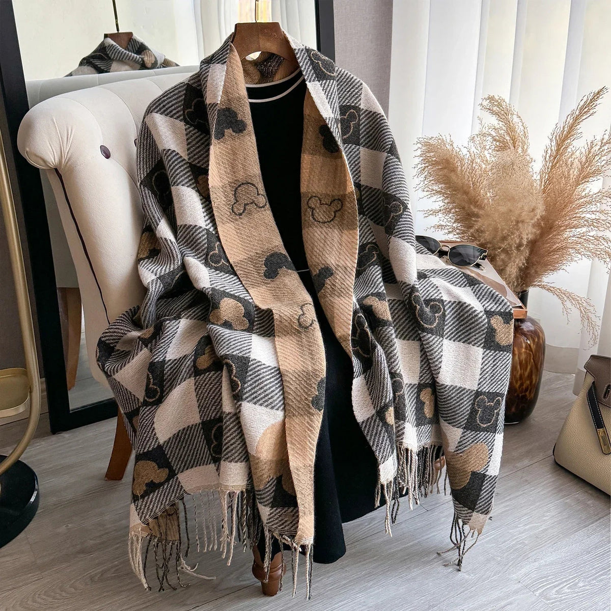 Women’s Cashmere Winter Scarf – Thick Printed Fringed Wrap for Warm Elegant Cold-Weather Layering