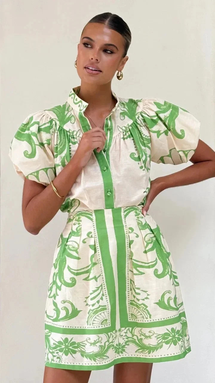 Women’s Mini Dress Printed Puff Sleeve Button Front Detail
