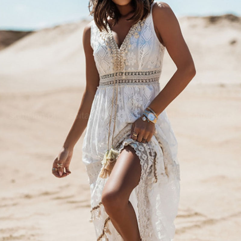 Kvinders Boheme Blonde Maxi Kjole Ærmeløs V-Hals Strand Sommerkjole