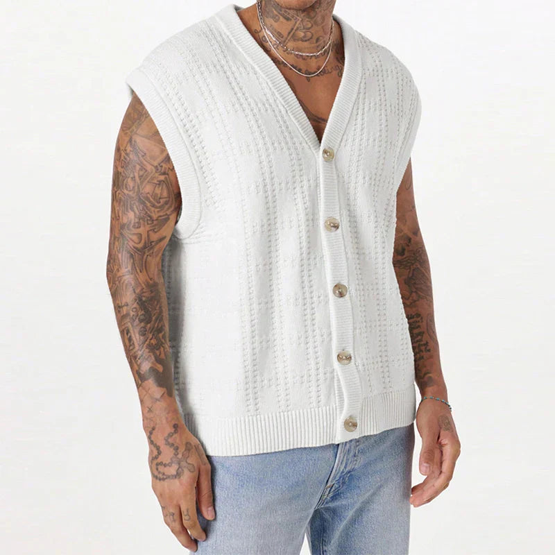 Chaleco de punto para hombre con botones al frente, sin mangas, textura, capa de verano