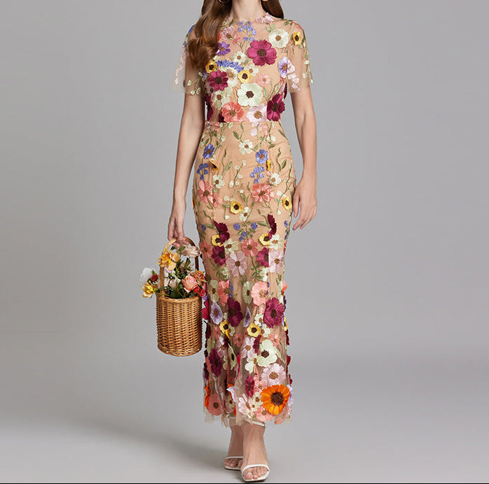 Vestido maxi transparente estampado para mulher – vestido justo de cerimónia para casamentos de primavera e festas no jardim