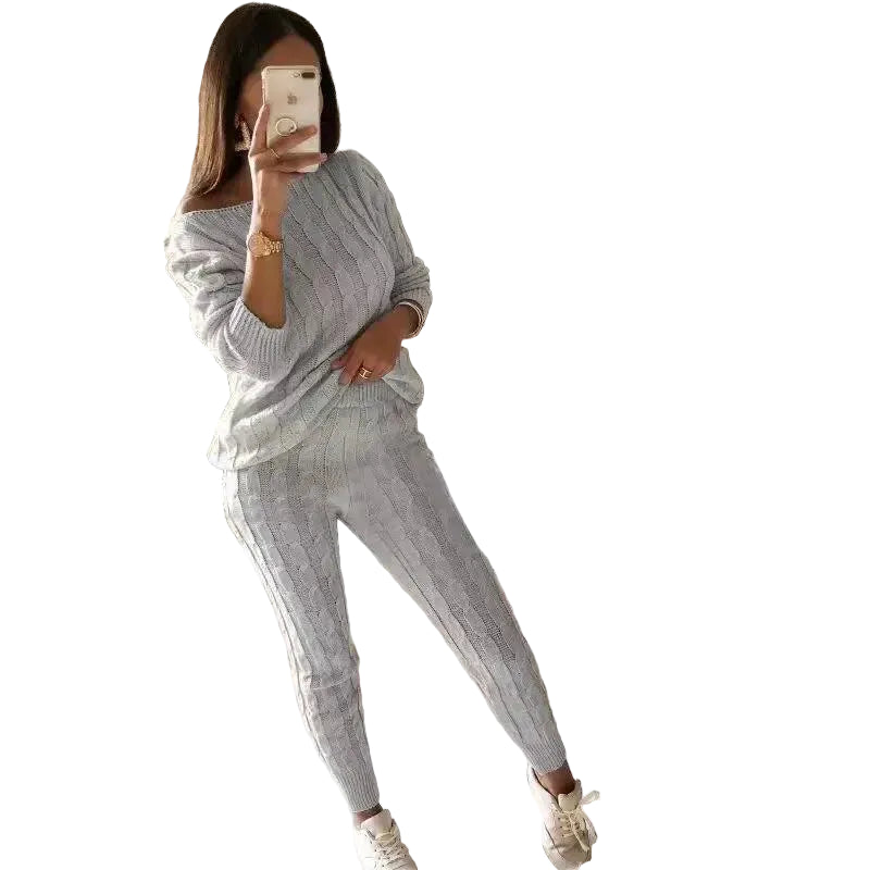 Ensemble pour femme composé d'un pull en maille torsadée et d'un pantalon de jogging à col large - Tenue d'intérieur décontractée deux pièces avec pantalon à poignets pour l'automne et l'hiver