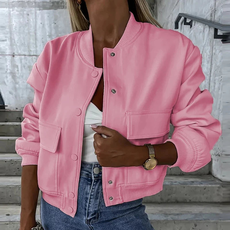 Women’s Relaxed Fit Bomber Jacket – Cropped Snap-Front Layer for Autumn and Winter Casual Wear