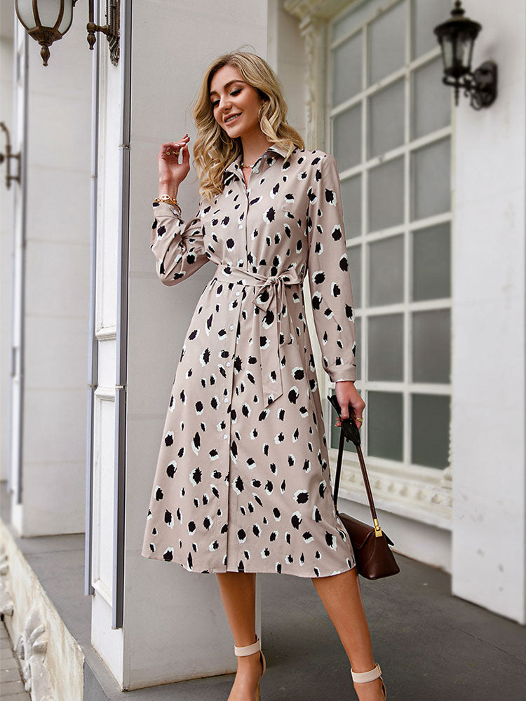 Women’s Printed Shirt Midi Dress with Tie Waist – Elegant Day and Evening Style
