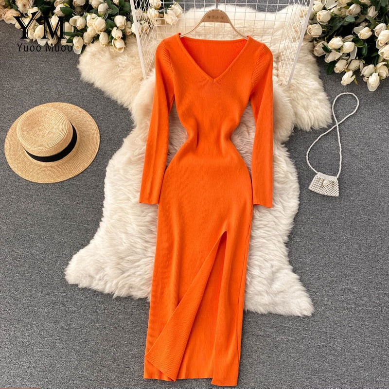 Women’s Ribbed Knit Bodycon Maxi Dress – Long Sleeve V-Neck Style for Autumn and Winter