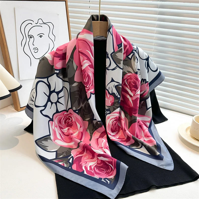 Foulard carré pour femme au toucher satiné - Écharpe légère imprimée à porter autour de la tête ou du cou, pour un style élégant en toute saison