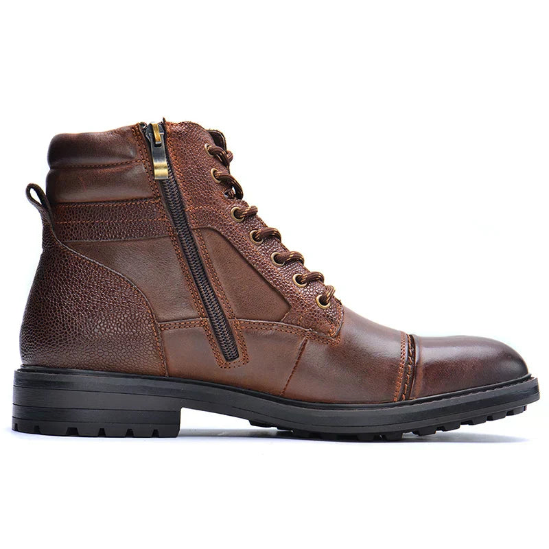Men’s Leather Boots with Side Zipper and Laces – Durable Brown Work-Inspired Boots for Casual, Outdoor and Smart-Casual Wear