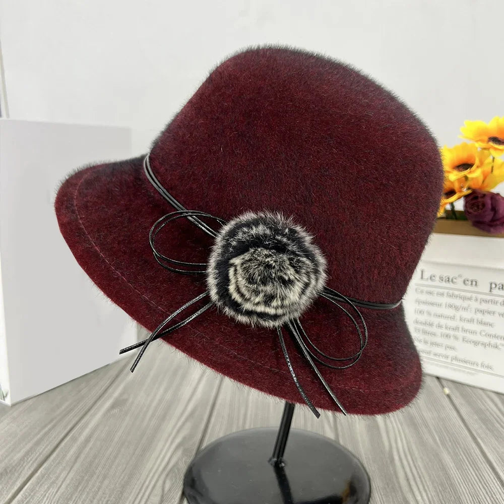 Női gyapjúkeverék cloche téli kalap - vintage dóm karimás sapka virágos masnival rögzítve