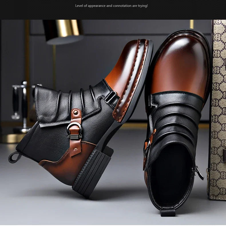 Men’s Retro Ankle Boots – Warm-Lined Side-Zip Low-Heel Winter Boots with Ruched Upper and Buckle Detail