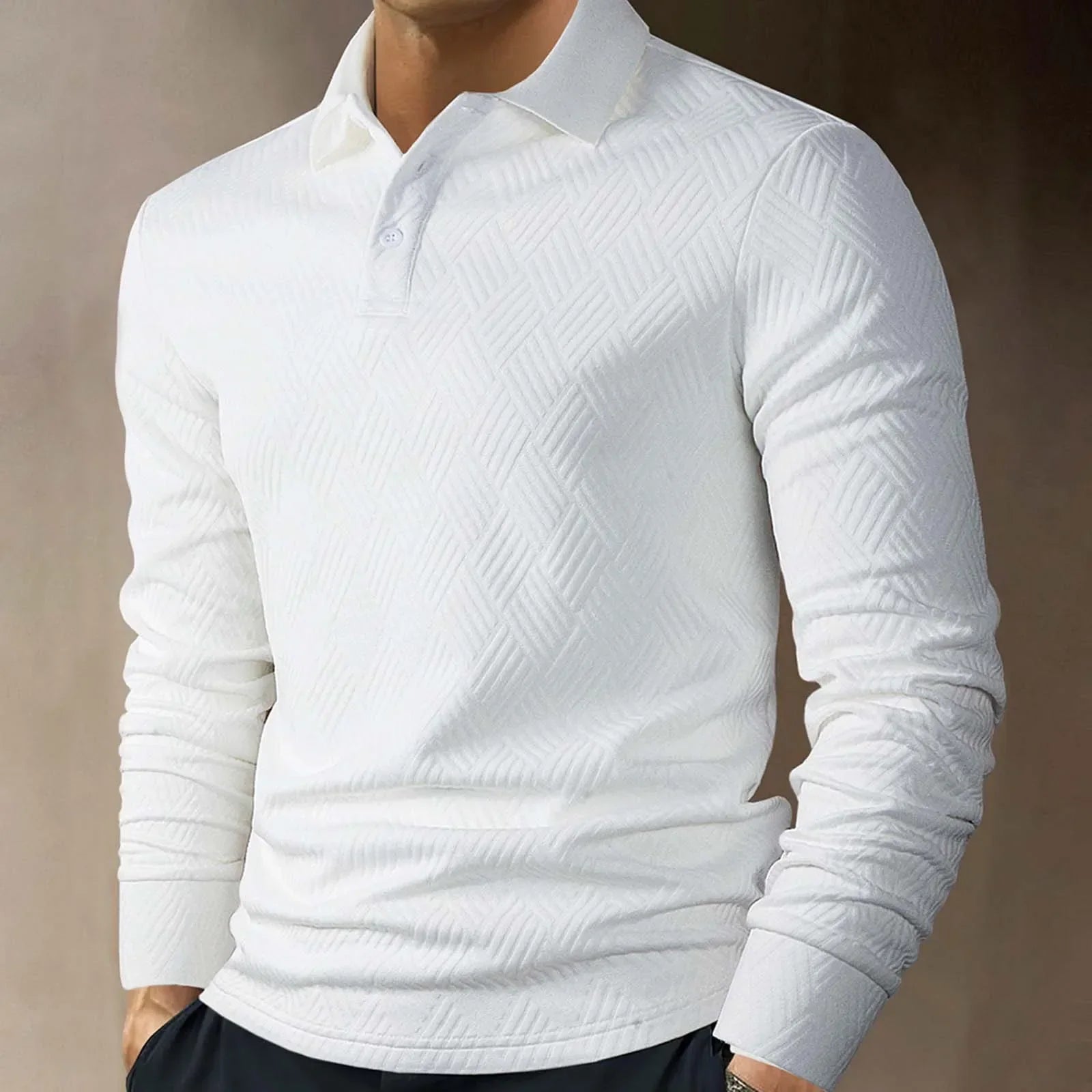 Men’s Long Sleeve Polo Shirt Textured Knit Smart Casual Top