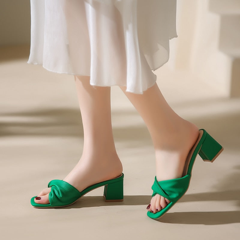 Women’s Block Heel Mule Sandals Twisted Strap Open Toe Elegant Slip On Heels