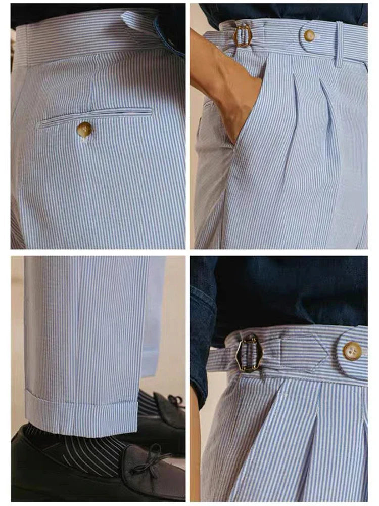 Pantaloni bărbătești plisati cu talie înaltă, croială structurată și ajustată