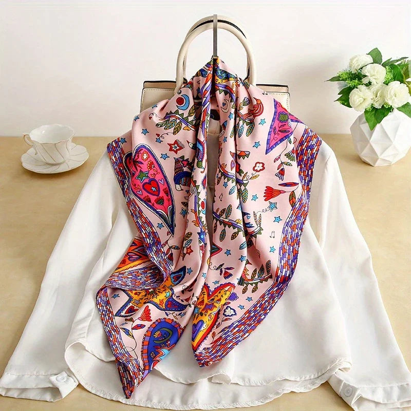 Foulard carré pour femme au toucher satiné - Écharpe légère imprimée à porter autour de la tête ou du cou, pour un style élégant en toute saison