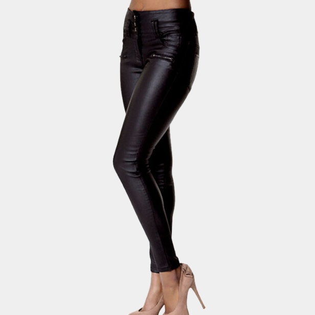 Pantalones pitillo de cuero y tiro alto para mujer - Pantalones elásticos con acabado revestido elegante para ocasiones nocturnas