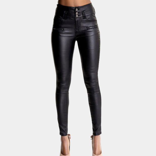 Pantalones pitillo de cuero y tiro alto para mujer - Pantalones elásticos con acabado revestido elegante para ocasiones nocturnas