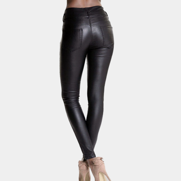 Pantalones pitillo de cuero y tiro alto para mujer - Pantalones elásticos con acabado revestido elegante para ocasiones nocturnas