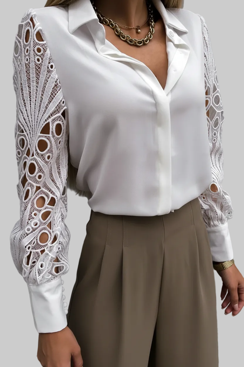 Ženska bluza s čipkastim rukavima i gumbima – elegantan model s ovratnikom za ured i večernje prilike