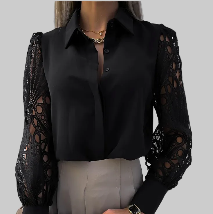 Ženska bluza s čipkastim rukavima i gumbima – elegantan model s ovratnikom za ured i večernje prilike