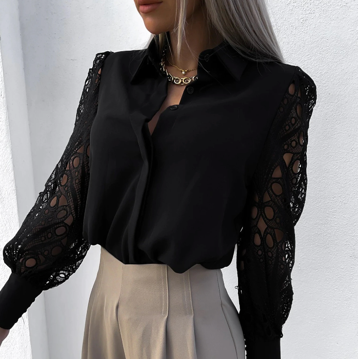 Ženska bluza s čipkastim rukavima i gumbima – elegantan model s ovratnikom za ured i večernje prilike