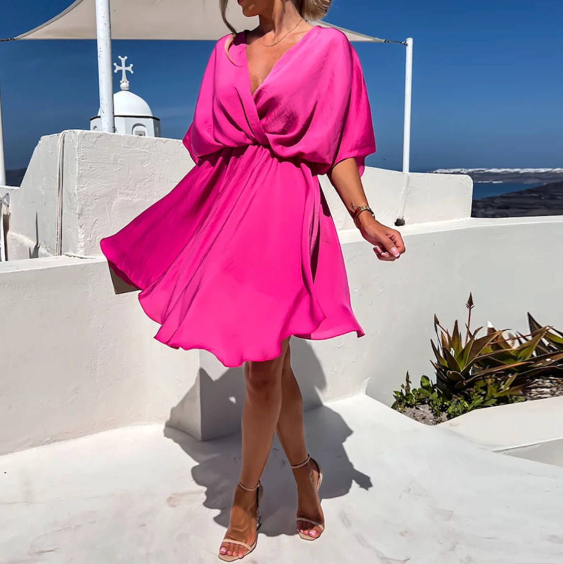 Women’s Flowy Mini Dress Draped V-Neck Silhouette
