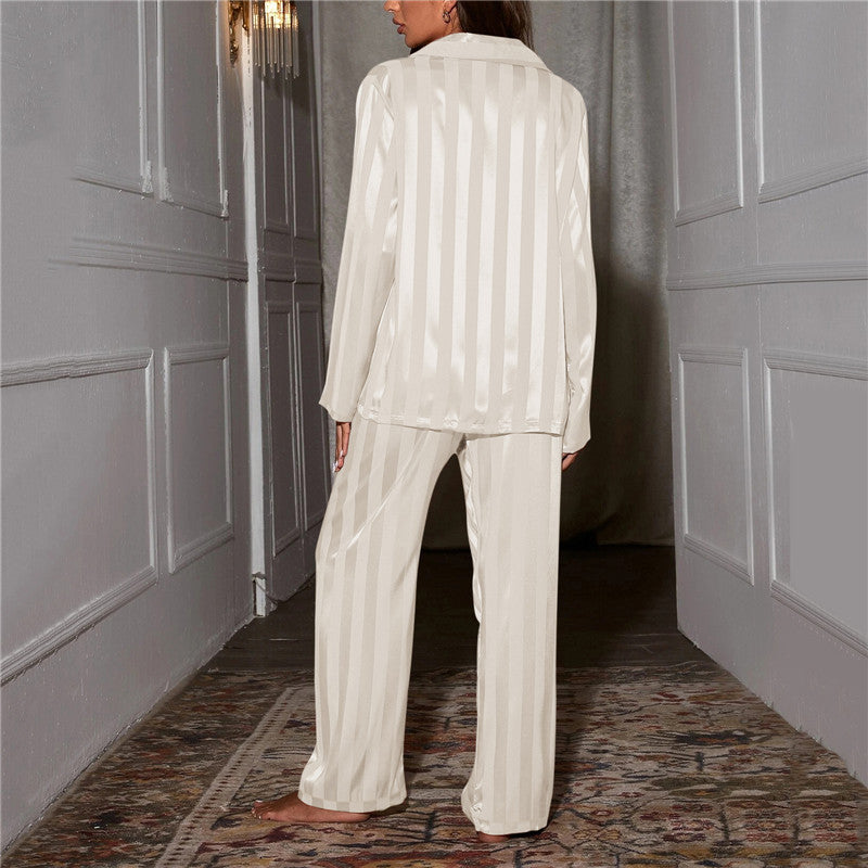 Women’s Satin Lounge Co-Ord Set – Long-Sleeve Button-Up Shirt with Wide-Leg Trousers for Sleepwear