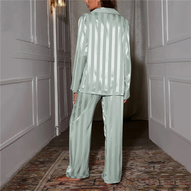 Women’s Satin Lounge Co-Ord Set – Long-Sleeve Button-Up Shirt with Wide-Leg Trousers for Sleepwear