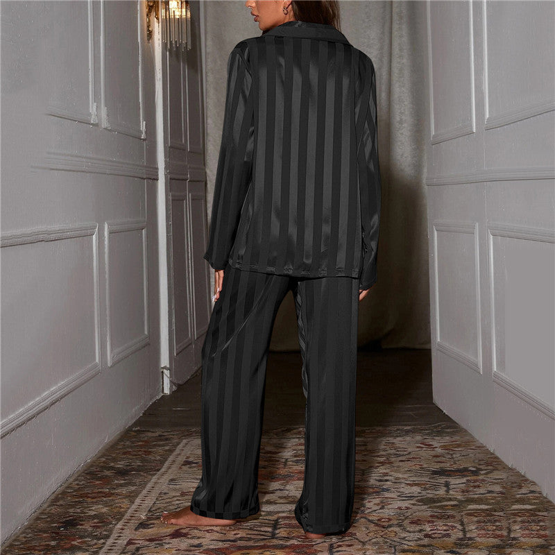 Women’s Satin Lounge Co-Ord Set – Long-Sleeve Button-Up Shirt with Wide-Leg Trousers for Sleepwear
