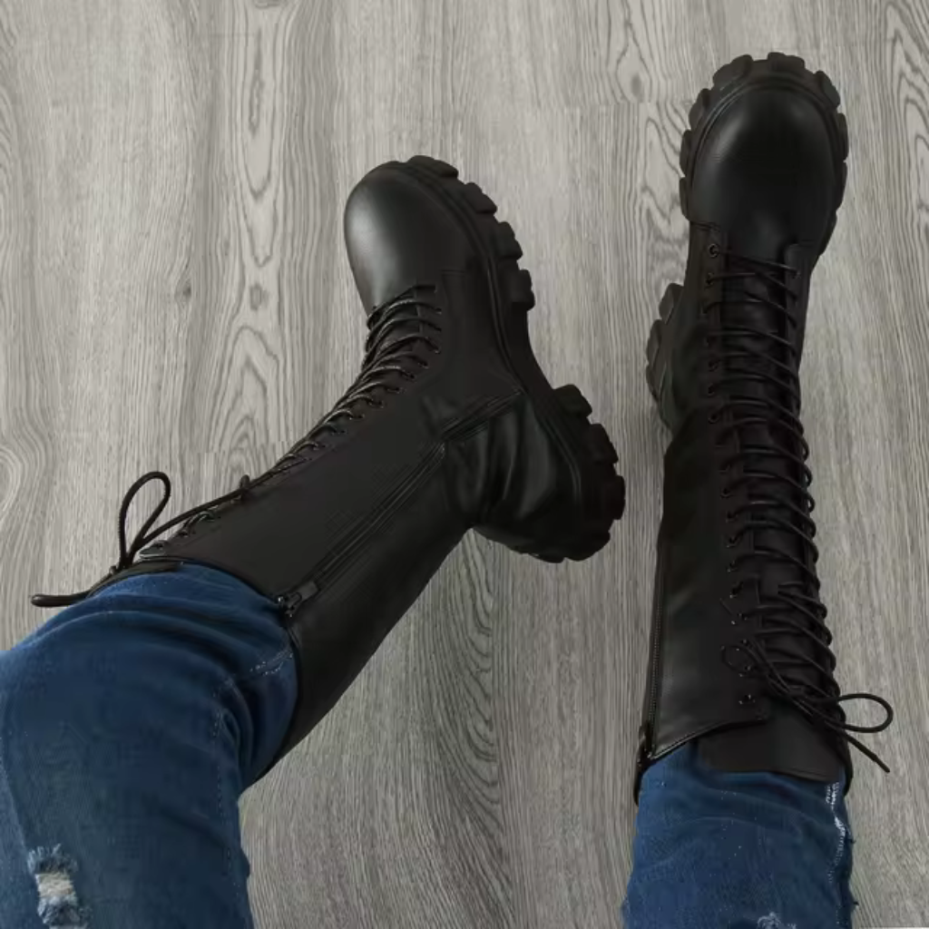 Dámske vysoké koženkové čižmy na šnurovanie – výrazné bojové čižmy na hrubej platforme na jesenný a zimný streetwear