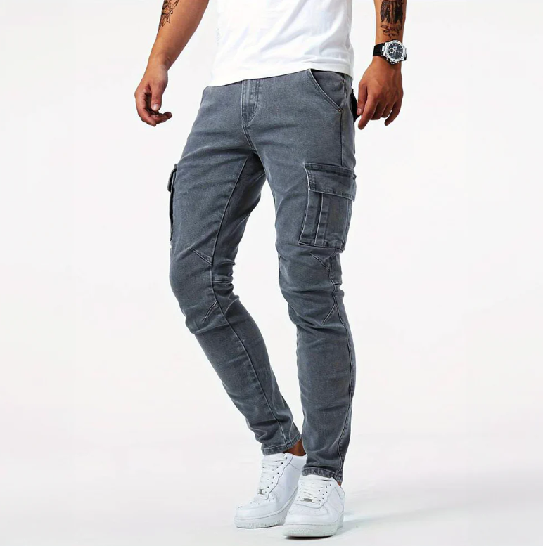 Men’s Tapered Denim Jeans With Utility Pockets And Ribbed Hems