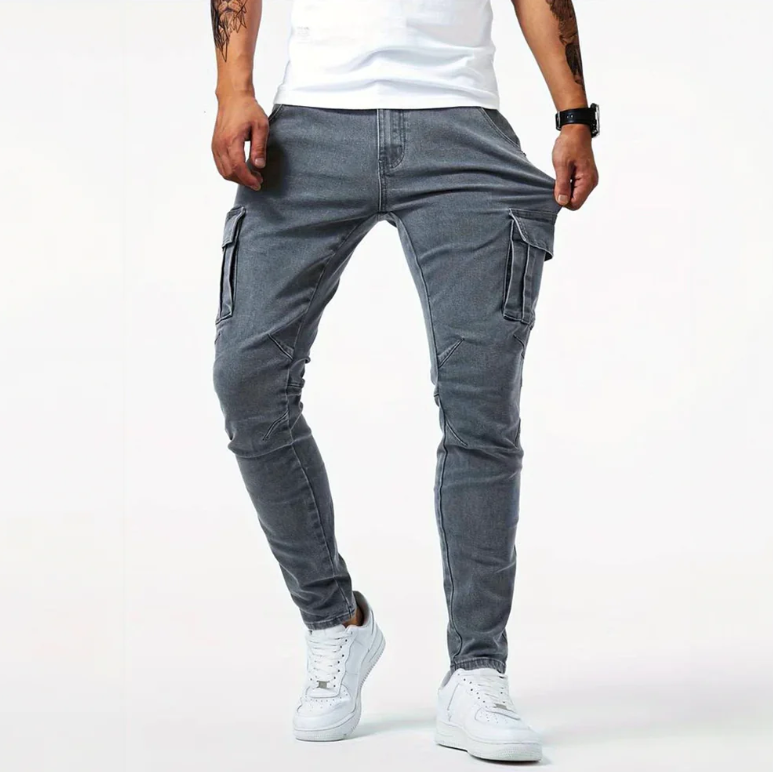 Men’s Tapered Denim Jeans With Utility Pockets And Ribbed Hems