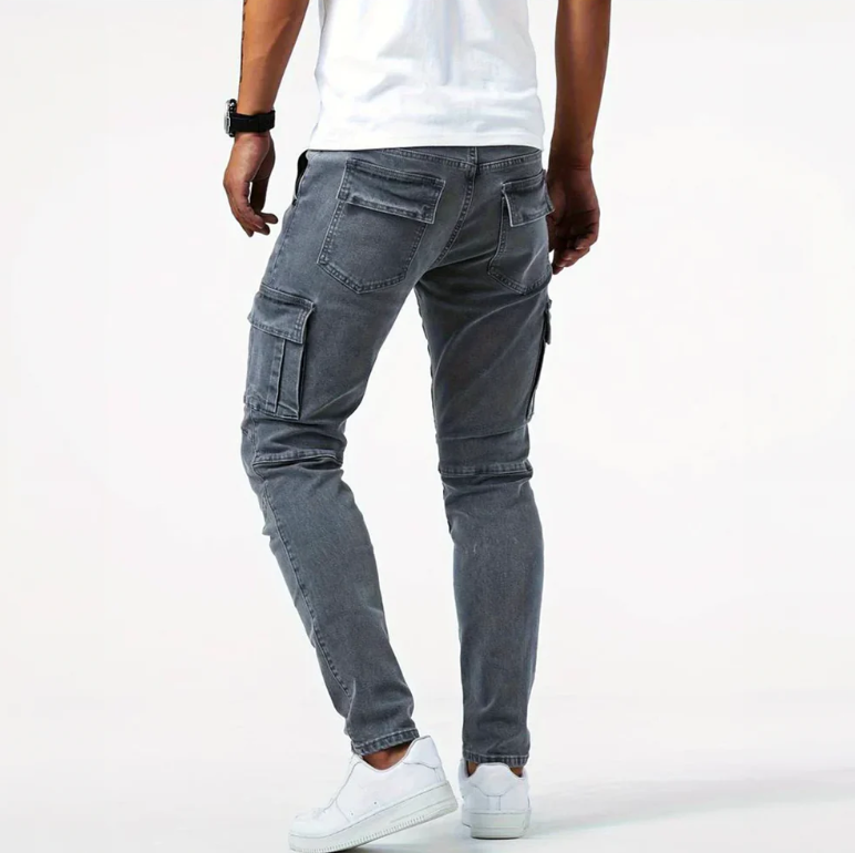 Men’s Tapered Denim Jeans With Utility Pockets And Ribbed Hems