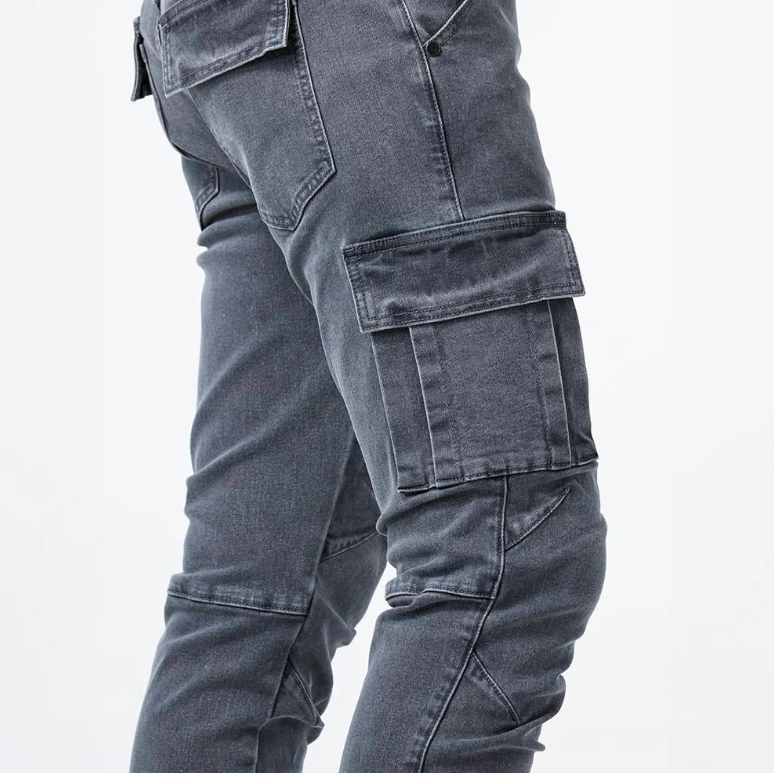 Men’s Tapered Denim Jeans With Utility Pockets And Ribbed Hems